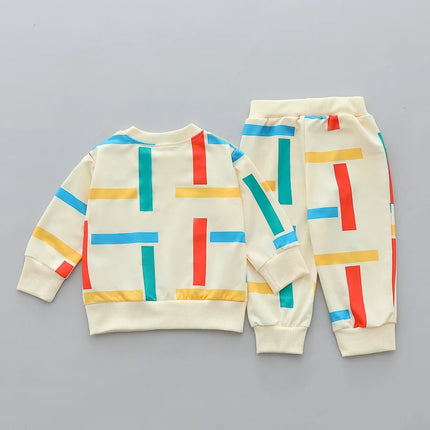 2PCS Baby Spring and Autumn Full Print Color Stripe Long Sleeve Long Pants Two Piece Set