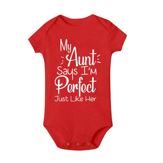 "My Aunt Says I'm Perfect Just Like Her" Funny Letter Printed Newborn Infant Baby Girl Clothes Short Sleeve Jumpsuit Outfits