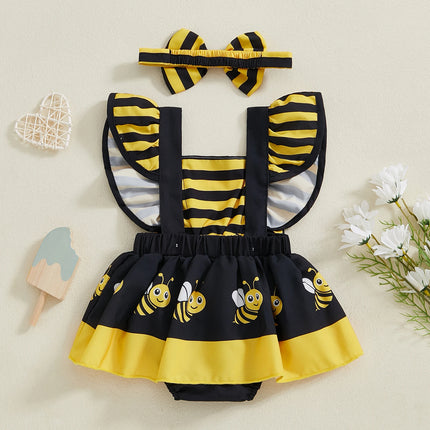 FOCUSNORM 0-18M Lovely Baby Girls Rompers Dress 4 Colors Bee/Ladybug/Cow/Elephant Print Fly Sleeve Jumpsuits with Headband