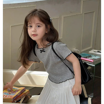 Girls' Ice Silk T-shirt Korean Style Short Sleeve Tops Children's Clothes 2025 Girl Summer Teen Kids Bow Round Neck Solid Tops