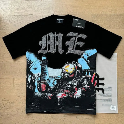 MIXED EMOTION Rhinestone Short Sleeve Men Women Tshirt Streetwear Cotton Loose Round Neck Top Tees Oversized Tee Top Trendy