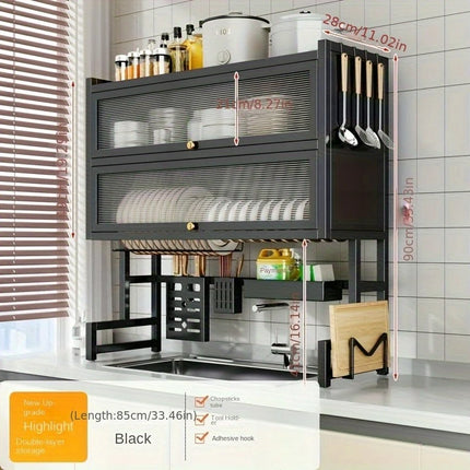 Over-the-Sink Dish Rack with Utensil Holder - Dustproof Carbon Steel Organizer for Plates/Bowls/Cutting Boards | Space Kitchen