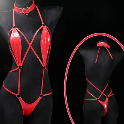 Black Patent Leather Strappy Bodysuit with Heart Choker Sexy Hollow Out Harness Lingerie Fetish Role Play Costume Wet Look Teddy