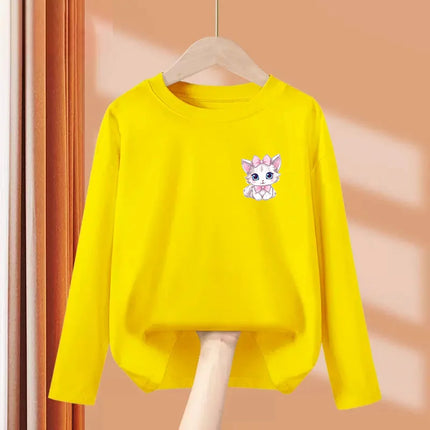 2024 Cute Bow Cat Dress Baby Girl Long Sleeved T-shirt Cartoon Kitty Cotton Tops Girls Spring Leisure Tees 3-14 Age