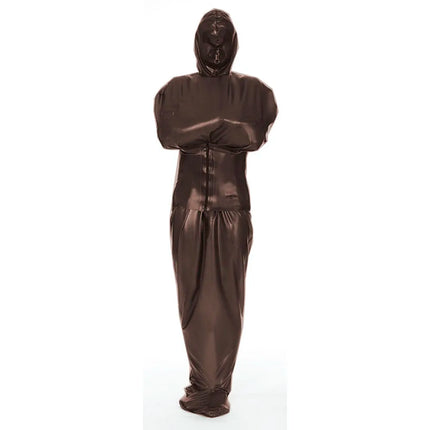 Exotic Wetlook PVC Leather Full Catsuit with Wide Belt Unisex Bondage-Sack Hooded Bodysuit Fetish Sexy Body Bag Sleepsack Custom
