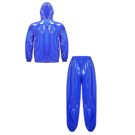 Mens Waterproof Sauna Outfit Glossy Sweat Suit Hooded Tracksuit Hooded Jacket with Jogging Track Pants for Fitness Training