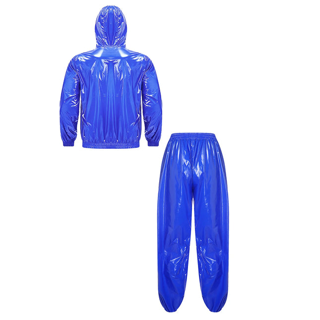 Mens Waterproof Sauna Outfit Glossy Sweat Suit Hooded Tracksuit Hooded Jacket with Jogging Track Pants for Fitness Training