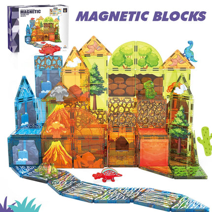 Magnetic Tiles Dinosaur Volcano Forest Theme Building Blocks, Educational STEM Toy for Kids, Ideal Birthday Christmas Gift