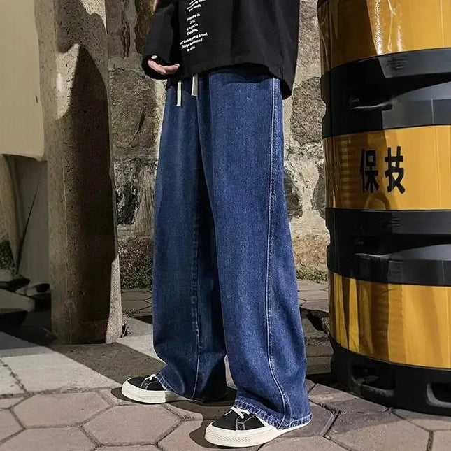 Men Elastic Drawstring Wide Leg Jeans Loose Straight High Waist Baggy Denim Pants Streetwear Hip Hop Trousers Spring