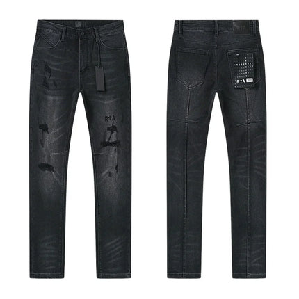 RTA Brand Men's Slim Fit Paint Graffiti Damaged Destroyed Hole Skinny Denim long Trouser Jeans Pants Streetwear