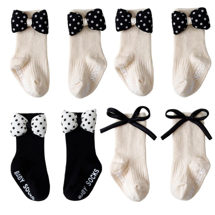 1/4pairs 0-2Y Cute Baby Girls' Cotton Mid-calf Socks Solid Bowknot Non-slip Sockens Toddler Kids Spring & Autumn Newborn Socks
