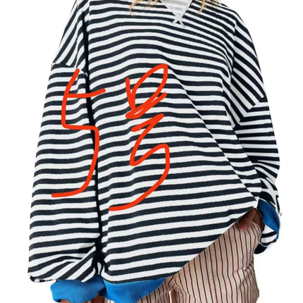 Casual Embroidered Striped Splicing Long Sleeve Crew Neck Pullover Hoodie Women's Clothing Comfortable Breathable Streetwear