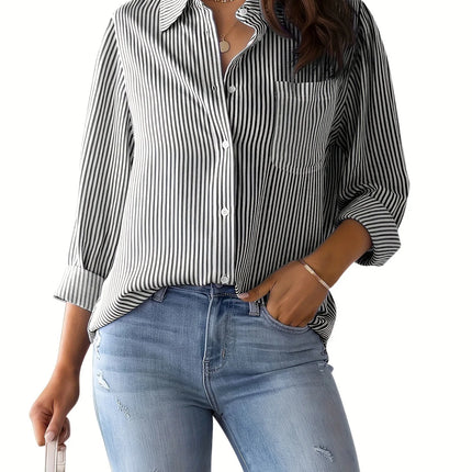 Women's Plus Size Shirt - Fashionable, Elegant, Commuter Bestseller, Classic Striped Top, Loose and Casual Long Sleeve Shirt