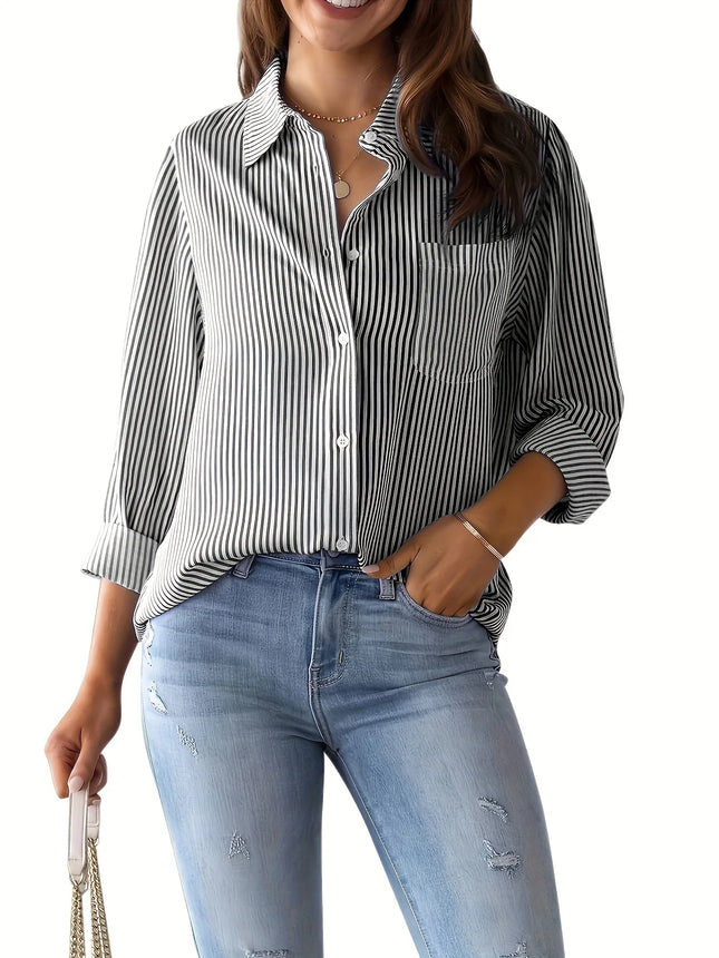 Women's Plus Size Shirt - Fashionable, Elegant, Commuter Bestseller, Classic Striped Top, Loose and Casual Long Sleeve Shirt