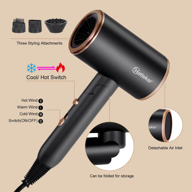 Hatteker 3200W Foldable EU Hair Dryer Electric High-Power Household with 2 Wind Temperature Settings And Negative Ion Hair Care