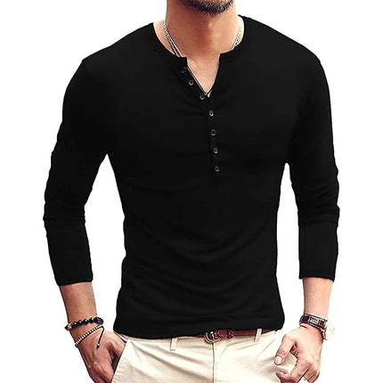 Men's Henley Collar Long Sleeve T-Shirt Solid Color Slim Fit Button Trim Casual Bottoming Shirt Trendy Tops Sizes S-2XL