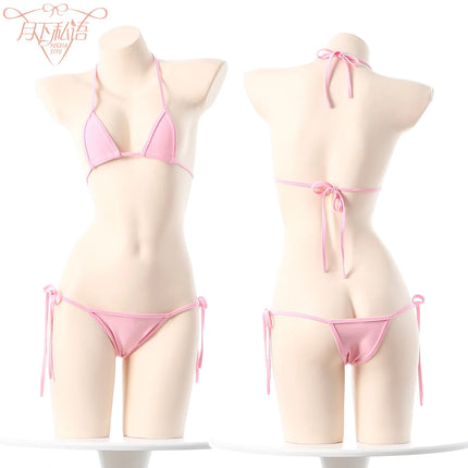 Sexy Japanese Style Mini Bandage Bikini Set Three-Point Strap Bra G-string Polyester Fabric Women's Underwear