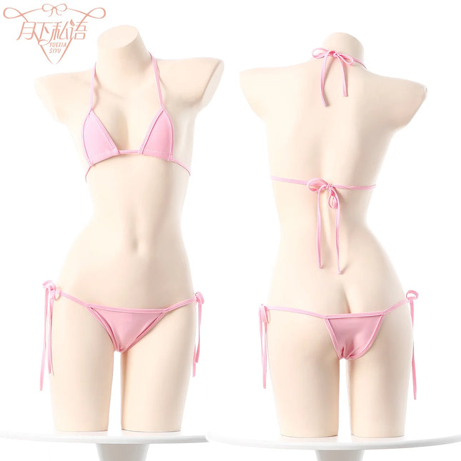 Sexy Japanese Style Mini Bandage Bikini Set Three-Point Strap Bra G-string Polyester Fabric Women's Underwear