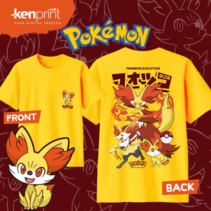 Anime Pokémon Fennekin Evolution Printed Cotton T-shirt Summer Men's and Women's Harajuku Clothing Fashion Casual Street T-shirt