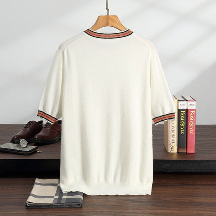 Men's T-shirt 2026 Spring/Summer New 100% Cashmere Round Neck Color Blocking Short Sleeved Knit Pullover Casual Men's Clothing