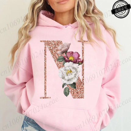 Rose Gold Letter A~Z Printed Women's Sweatshirts Hoodie Fashion Women Hooded Hoodies Casual Harajuku Streetwear Pink Clothing