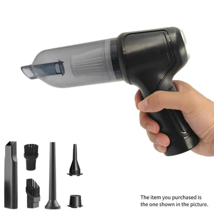Handheld vacuum cleaner with integrated suction and blowing functions, ideal for cleaning cars, homes, offices, and pet areas.