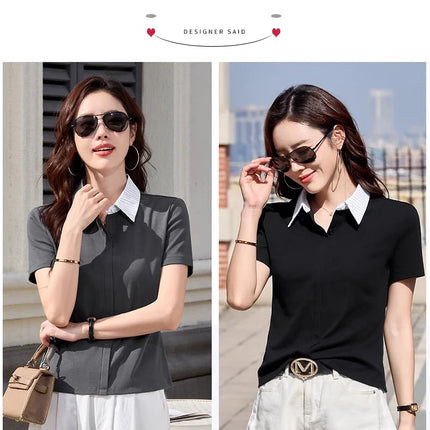 Korean striped short sleeved T-shirt for women's summer new high-end cotton patchwork lapel shirt, polo shirt, casual top