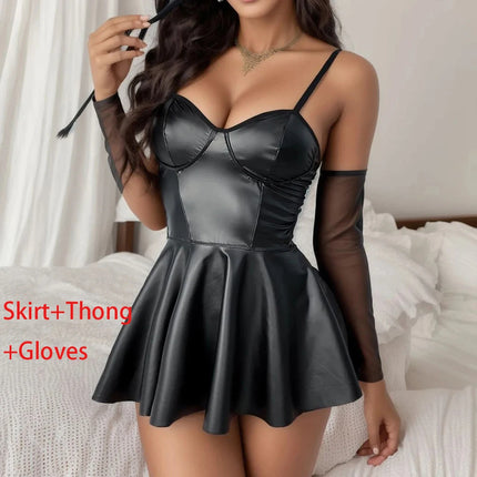 Women Erotic Lingerie Black Leather Mini Dress Porno Costumes Nightclub Sexy Ladies Sexy Dresses Party Clubwear Sleepwear