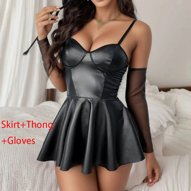 Women Erotic Lingerie Black Leather Mini Dress Porno Costumes Nightclub Sexy Ladies Sexy Dresses Party Clubwear Sleepwear