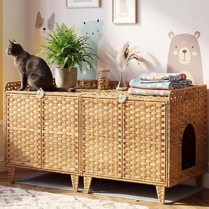 Cat Litter Box Enclosure Furniture, Handwoven Rattan Cat Bed Houses, Hidden Cat Washroom Furniture with Door/Mat