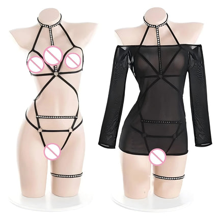 1 Set Sexy Hanging Neck Hollow Out Large Size Open Crotch Bodysuit & Long Sleeve Black Mesh Sheer Top Uniform Set For Women