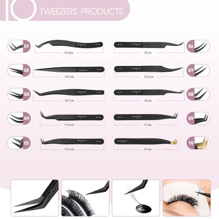 SAKURAHANA Professional Eyelash Tweezers Black Fiber Tip For Lash Extensions Mega Volume Mink Lashes Tool Makeup Artist Kit