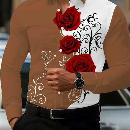 2026 Men's Fashion Red Rose Print Long-Sleeve Shirt, Stylish Casual Design, Spring/Autumn Casual Shirt, Sizes XS-6XL