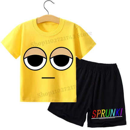 2pcs Sprunki T-shirt Shorts Set for Children Anime Cartoon Fashion Short Sleeved Shirt Pants Suit Boys Girls Summer Kawaii Suits