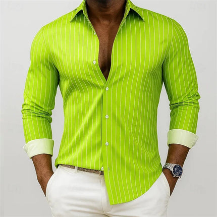 New men's striped shirt, outdoor street style, business casual, lapel collar, long sleeves, versatile and fashionable men's top.