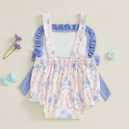 Pudcoco Baby Girl Romper for Summer Loose Fit Flower Bow Print Ruffled Trim Sleeveless Infant Jumpsuit 0-18M