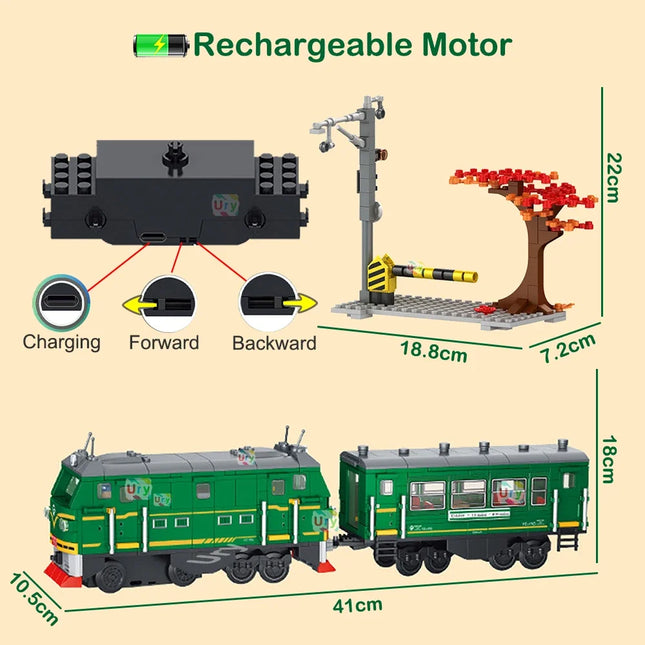 Technical Retro Green Steam Train City Car Electric Model Rechargeable Lithium Battery Motor Building Blocks Toys For Gifts