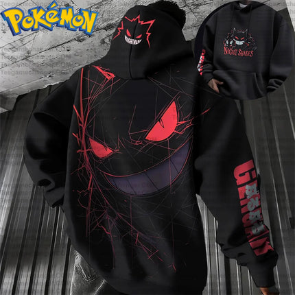 Pokemon Anime Gengar Cotton Hoodie Harajuku Pants Set Black Character Print with Red Eyes Sharp Teeth Pattern Two Piece Outfit