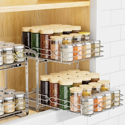 Adjustable 2 Tier Spice Rack Organizer for Cabinet Heavy Duty Pull out Vertical Shelf for inside Kitchen Cabinet Height