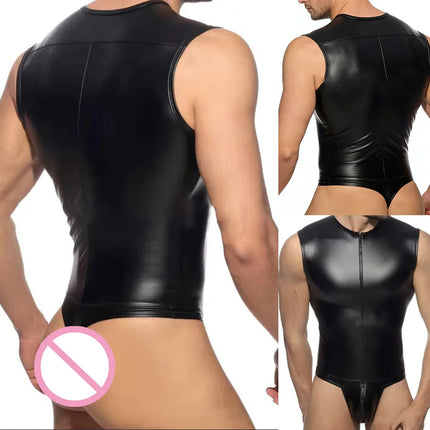 Men Faux Leather Zipper Bodysuit Gay Bulge Pouch Tight Club Wear Tank Tops Vests Sleeveless Slim Fit Imitation Leather Clubwear
