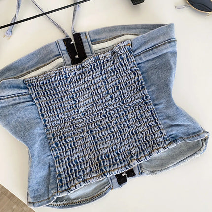 SINGREINY Beach Denim Tank Top 2026 Halter Ruched Slim Solid Camisole Streetwear Hot Girl Basics Y2K Backless Sexy Crop Top