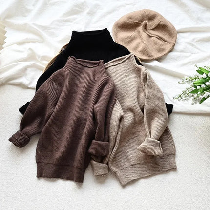 Kids Fleece Lined Turtleneck Sweater 2025 Winter Warm Knitwear Baby Boys Girls Thermal Top