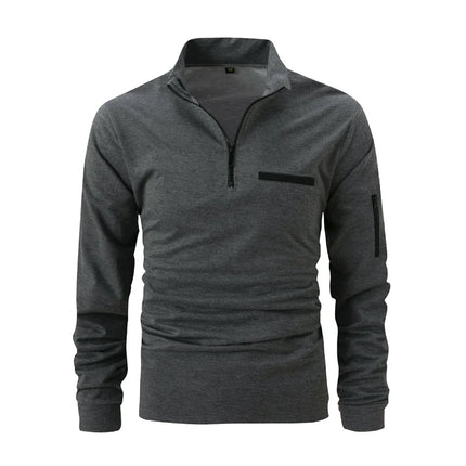 Men's stand-collar half-zip long-sleeve polo shirt, new autumn/winter style casual top with trendy and simple pocket detail