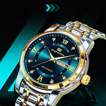 VA VA VOOM Luxury Watch Men Gold Blue Rhinestone Stainless Steel Business Style Original Quartz Movement Week Couple Men Watches