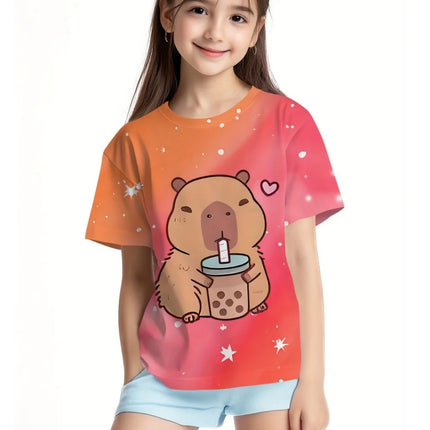 T-Shirts for Girls Fashion Capybara Children Clothes Summer Girls Clothes 7 to 8 Years Tops Cute Cat Printed Tees Child T-Shirt