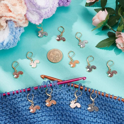 12 Pcs 6 Colors Squirrel Stitch Markers Alloy Enamel Crochet Stitch Marker Locking Stitch Marker with Leverback Clasp making kit