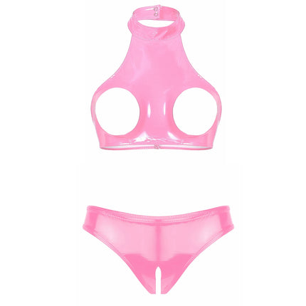 Womens Lingerie Temptation Set Hollow Chest Crop Top with Crotchless Open Butt Briefs Patent Leather Bra with Underwear Sets