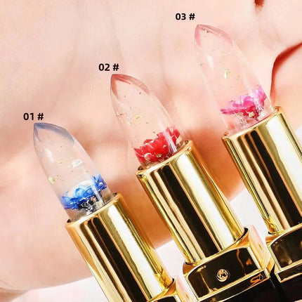 Color Changing Flower Jelly Lipstick Moisturizing Lip Balm with Gold Foil Temperature Sensory Cosmetic Makeup