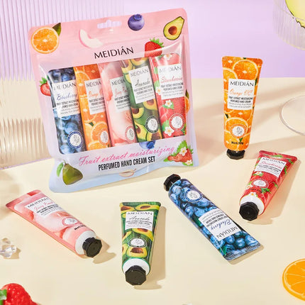 Five piece fruit scented hand cream for moisturizing and long-lasting fragrance retention. Hand care mask cream