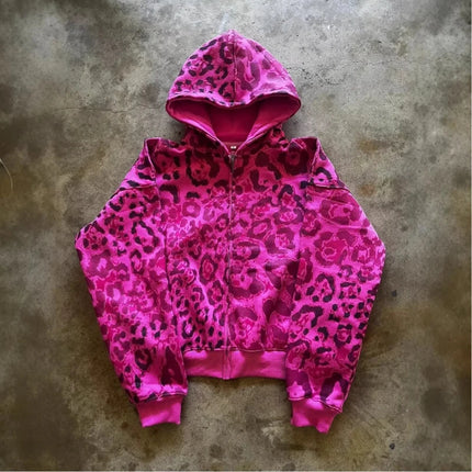 Hip Hop Casual Leopard Print Long Sleeve Hoodie 2000s Autumn Winter Fashion High Street America Dopamine Loose Zipper Sweatshirt